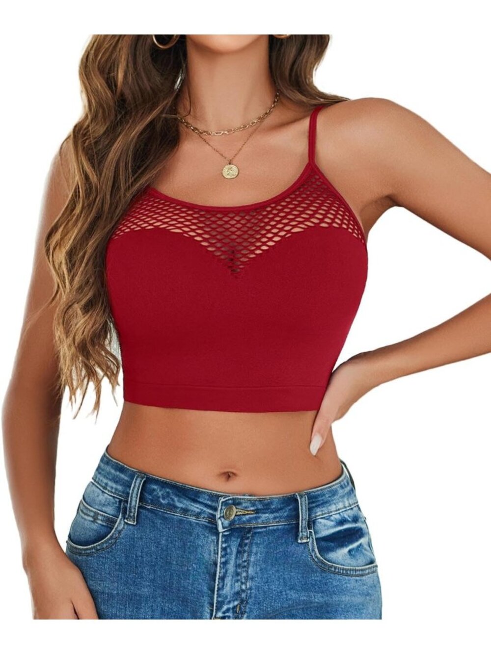 Women's Red Y2k Seamless Mesh Bralette Hollow Fishnet Crop Camisole Tank Top